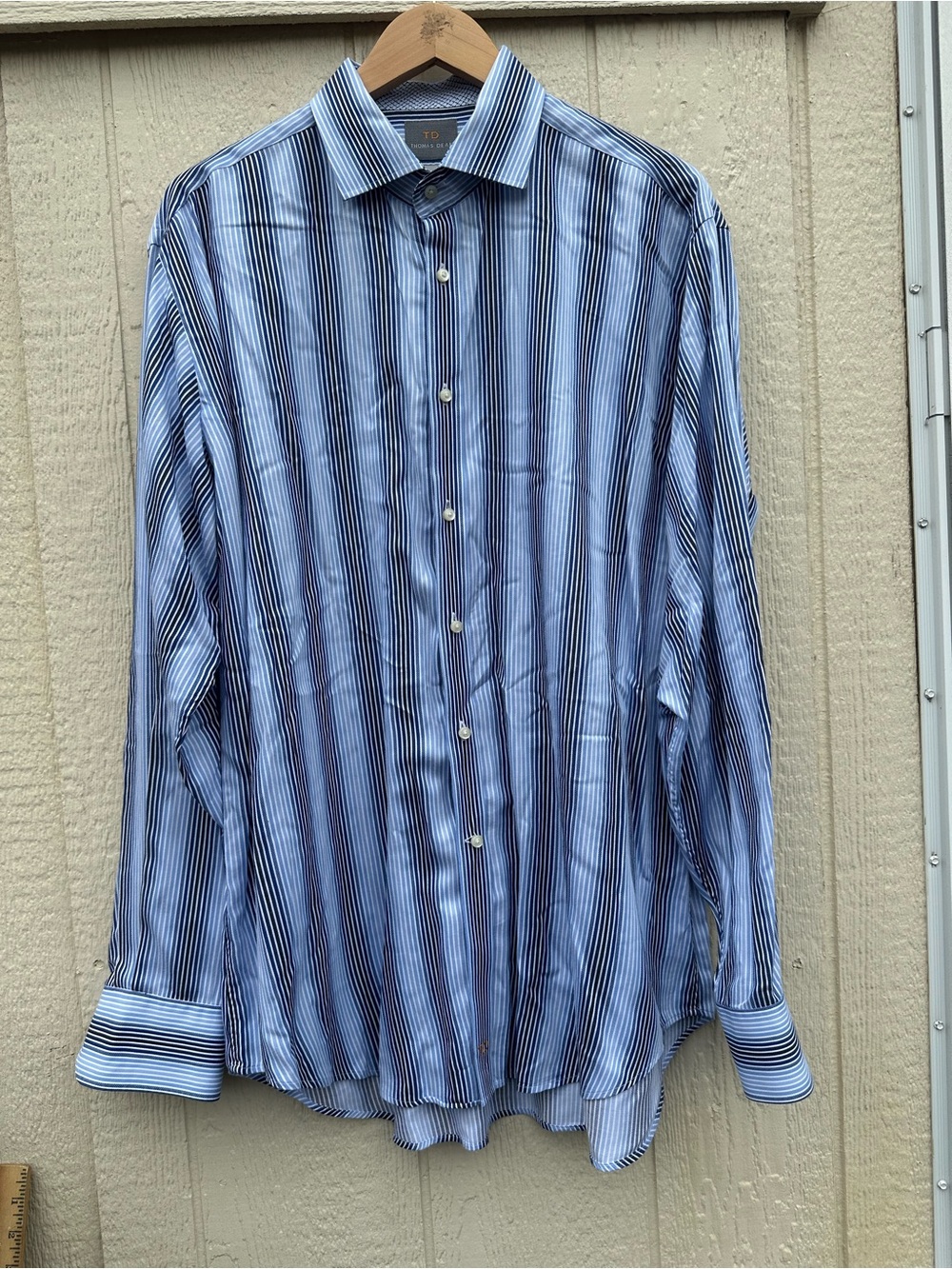 Thomas Dean Men’s XL Blue White Striped Dress Shirt 100% Pima Cotton - Picture 3 of 11